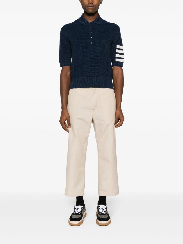 THOM BROWNE - Men Textured Stitch Relaxed Fit SS Polo In Linen Cotton Blend W 4 Bar Stripes Intarsia Online Sale