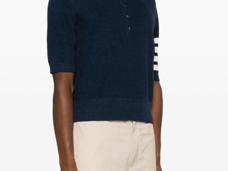 THOM BROWNE - Men Textured Stitch Relaxed Fit SS Polo In Linen Cotton Blend W 4 Bar Stripes Intarsia Online Sale