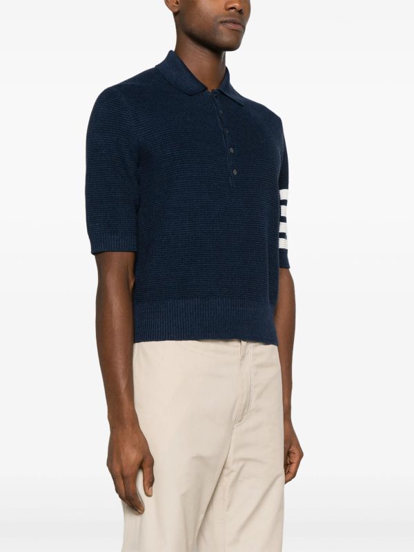 THOM BROWNE - Men Textured Stitch Relaxed Fit SS Polo In Linen Cotton Blend W 4 Bar Stripes Intarsia Online Sale