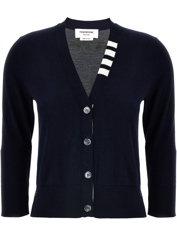 THOM BROWNE - Women Jersey Stitch 3 4 Sleeve  W 4 Bar Stripe V Neck Cardigan Hot on Sale