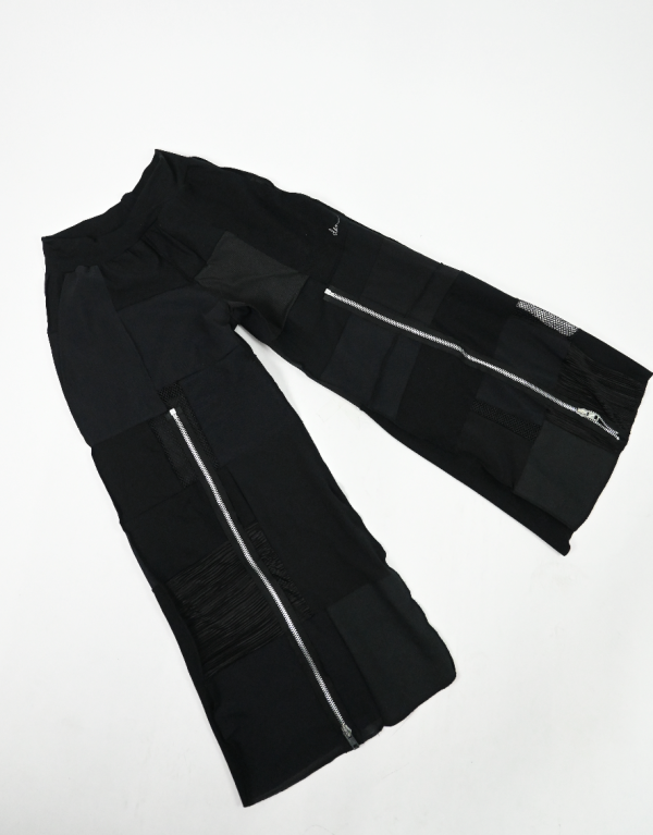 BLACK patch-work wide leg zip pants (Small) Fashion