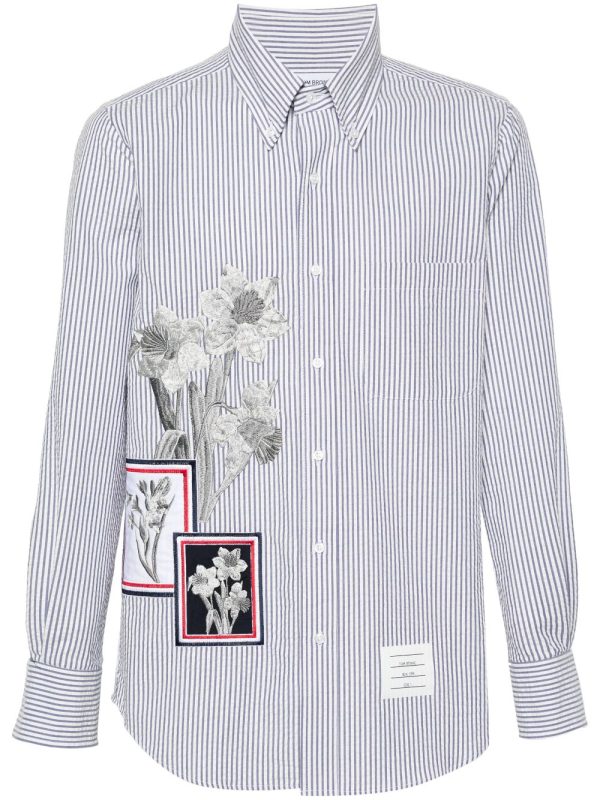 THOM BROWNE - Men Straight Fit L S BD W Satin Fill Stitch Flowers With Applique Shirt Fashion