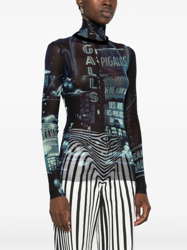 JEAN PAUL GAULTIER - Women Longsleeve Printed  Pigalle  Mesh Top Sale