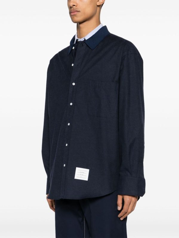 THOM BROWNE - Men Oversized Shirt With Knit Collar In Engineered Rwb Stripe Cotton Flannel For Discount