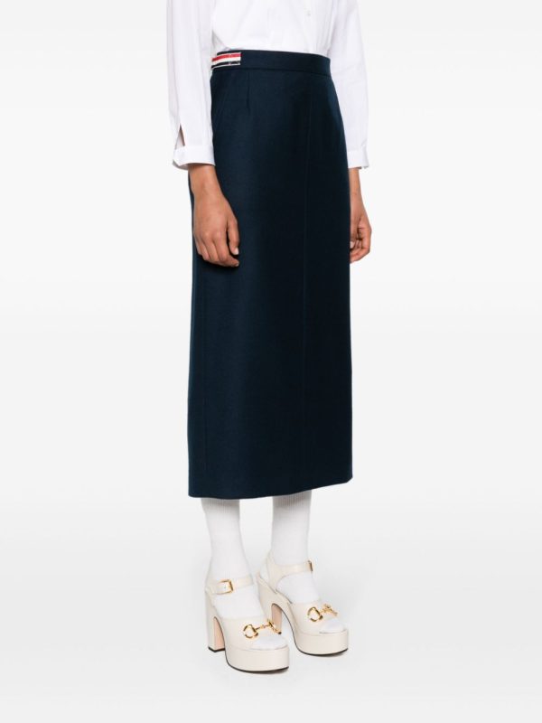 THOM BROWNE - Women Calf Legth Side Tab Skirt In Solid Wool Twill Online