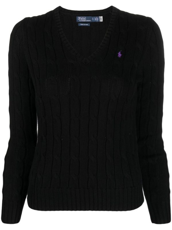 POLO RALPH LAUREN - Women Cable-Knit Cotton V-Neck Sweater Discount