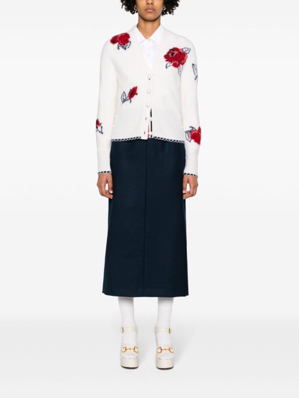 THOM BROWNE - Women Calf Legth Side Tab Skirt In Solid Wool Twill Online