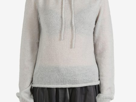 AMOMENTO - Women Sheer Drawstring Knit Hoodie Cheap