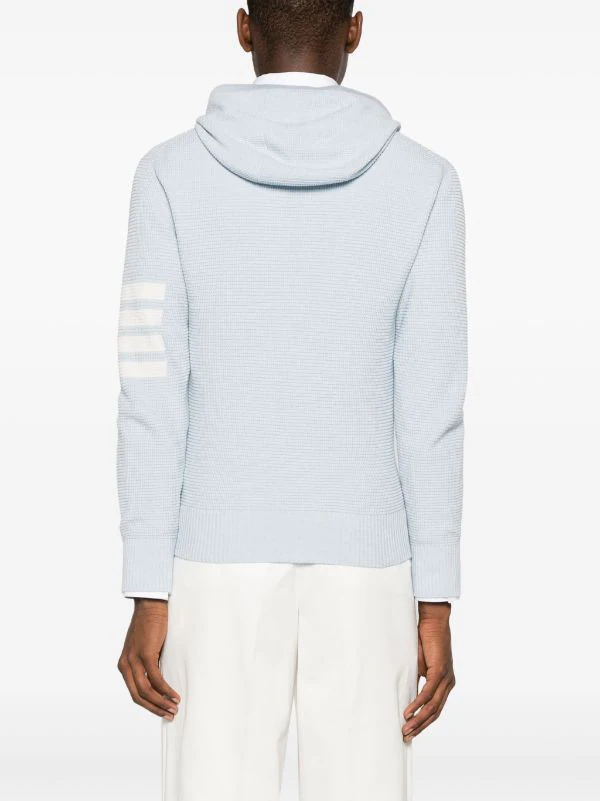 THOM BROWNE - Men Textured Stitch Relaxed Fit Zip Up Hoodie In Linen Cotton Blend W 4 Bar Stripes Intarsia For Discount